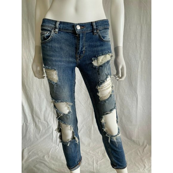 Zara Women's Jeans Blue Denim Distressed Low Rise Skinny Zipper Size 2 - Picture 1 of 12